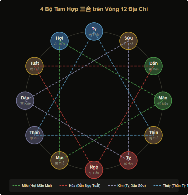 Sơ đồ vòng tròn 12 Địa Chi với 4 tam giác Tam Hợp tô màu khác nhau