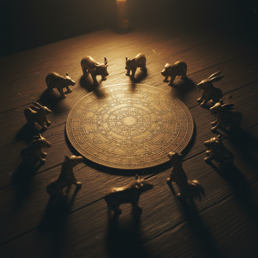 Vòng tròn 12 Địa Chi bằng đồng cổ với các đường nối Tam Hợp và Lục Xung phát sáng trong ánh nến