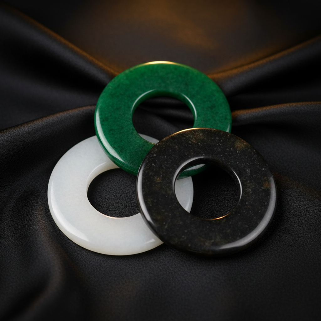 Ba đĩa ngọc đan xen trên lụa đen tượng trưng cho Tam Hợp trong mệnh lý