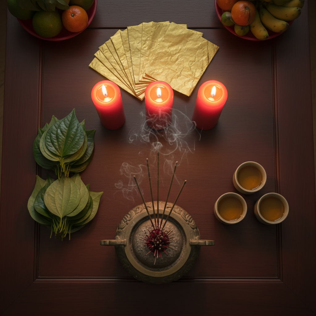 Bàn cúng giải hạn Tam Tai với ba ngọn nến, trầu cau và lễ vật truyền thống