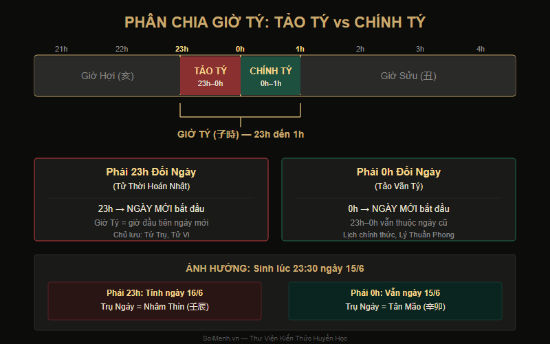 Sơ đồ phân chia Tảo Tý và Chính Tý trong 12 Địa Chi