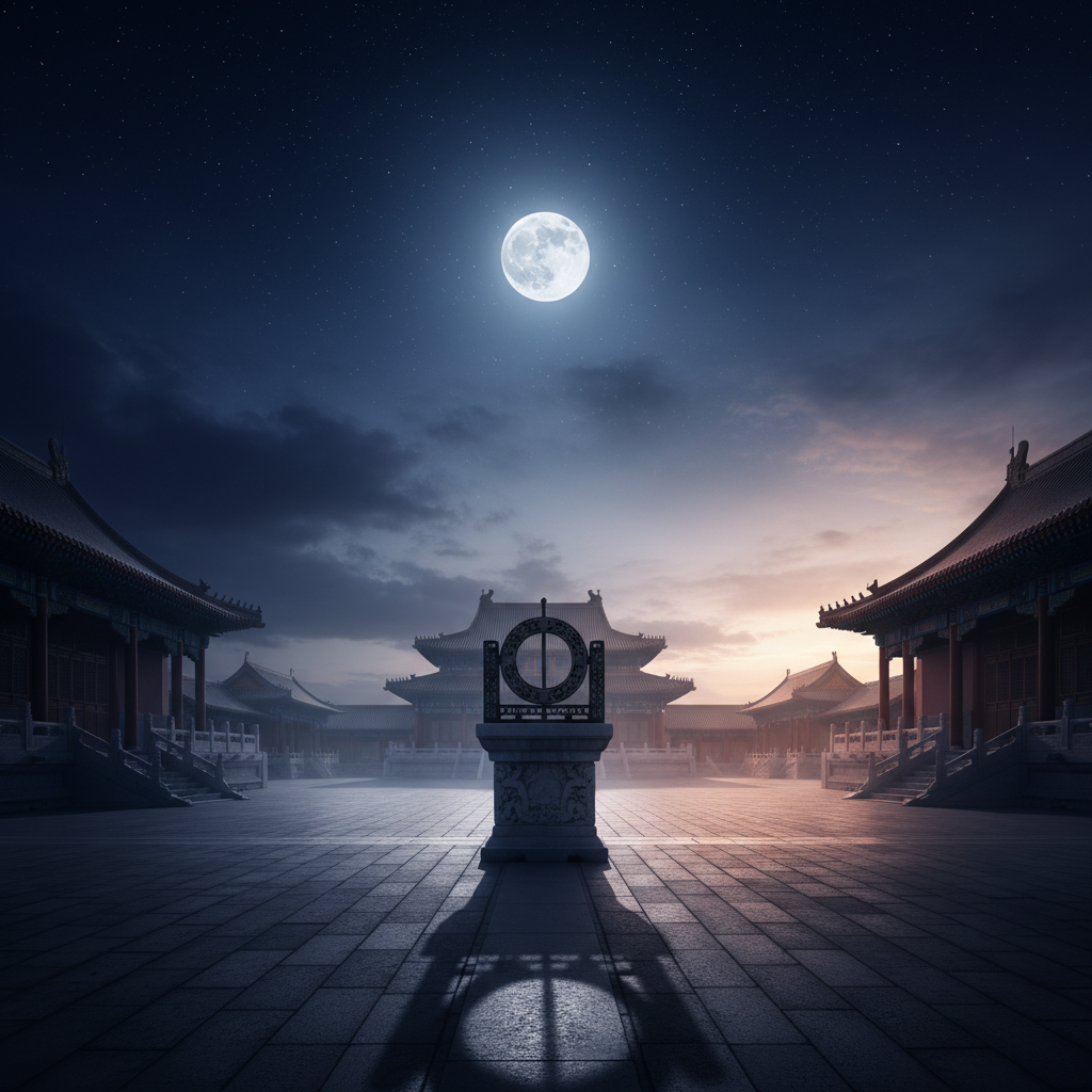 Nhật quỹ cổ đại trong sân cung điện Trung Hoa lúc nửa đêm — minh họa khái niệm Tảo Tý