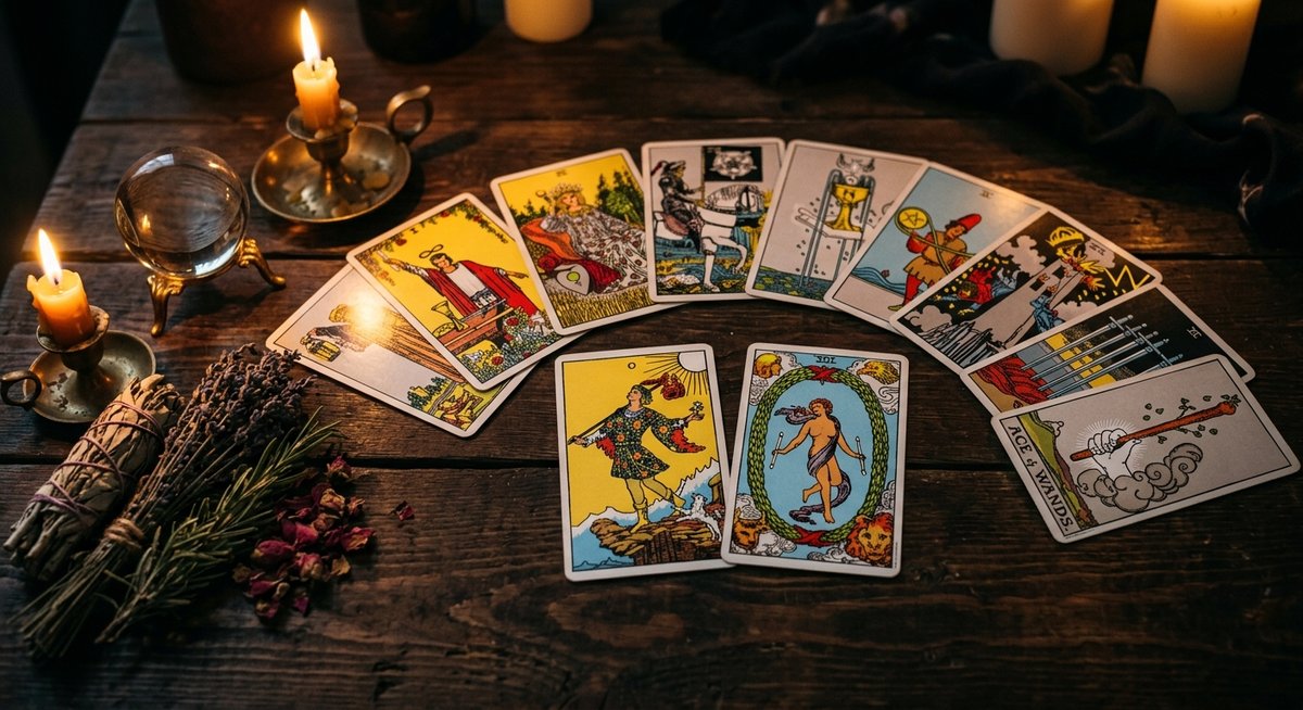 Bộ bài Tarot Rider-Waite-Smith xòe trên bàn gỗ tối, lá The Fool và The World nổi bật, ánh nến vàng ấm