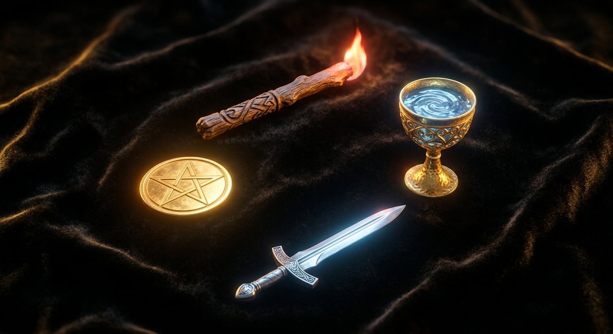 Bốn biểu tượng của Minor Arcana — cây gậy, chiếc cúp, thanh kiếm và đồng xu vàng trên nền vải đen