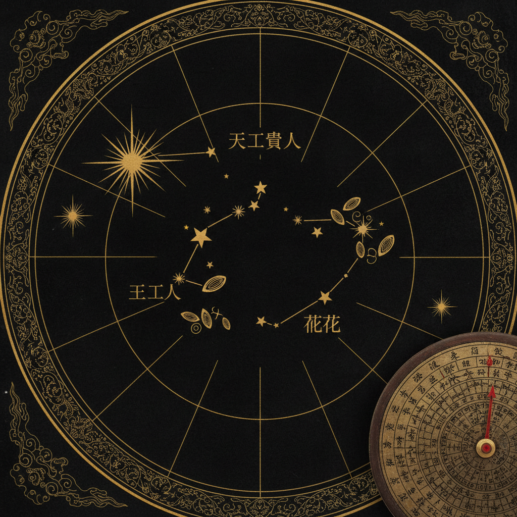 Bảng tra Thần Sát cát hung — minh họa Thiên Ất Quý Nhân và Đào Hoa trong lá số Tứ Trụ