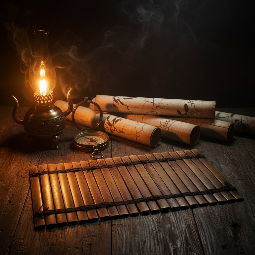 Bàn gỗ cổ với mười thẻ tre khắc chữ Hán Thiên Can, đèn dầu và cuộn thư trong không gian huyền bí