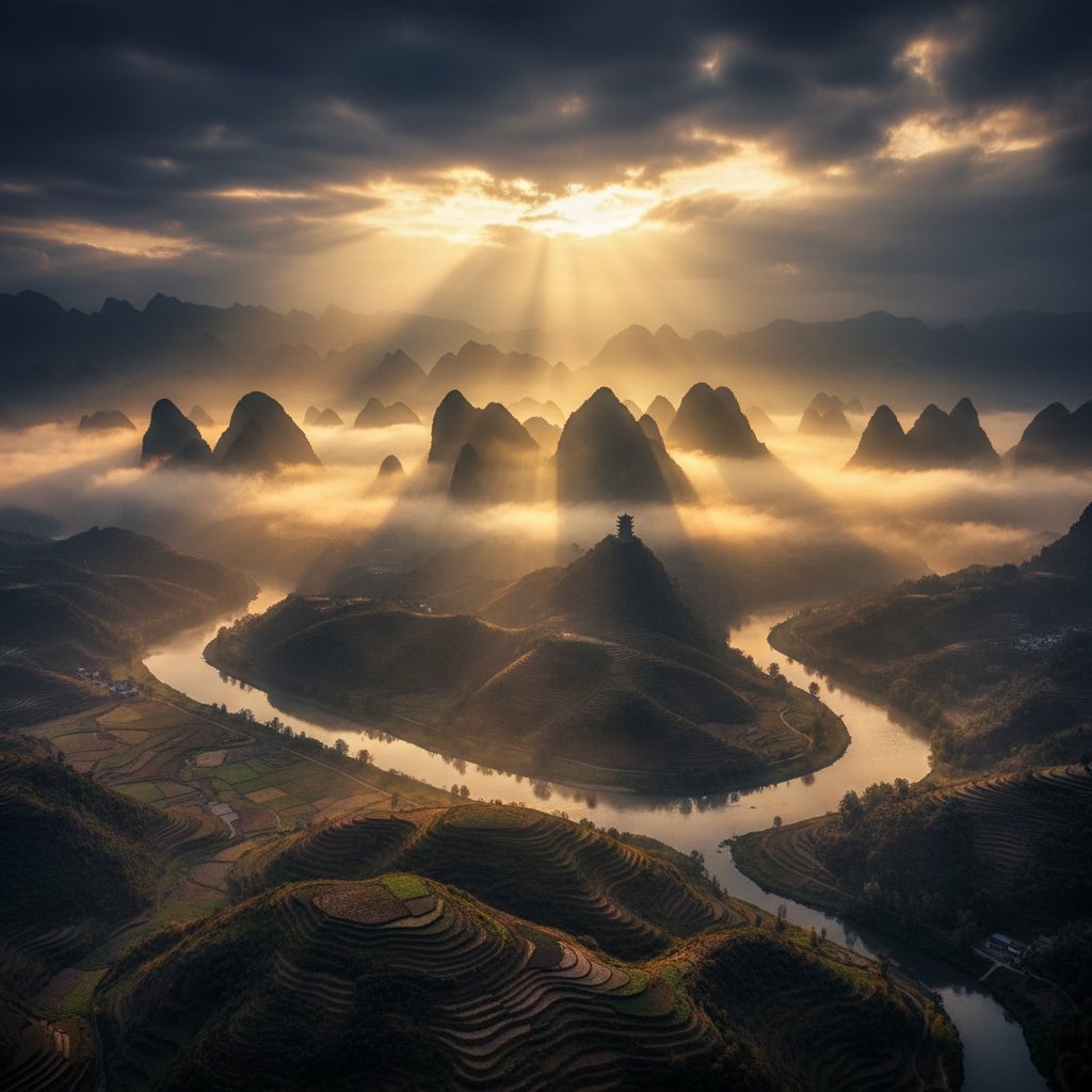 Bàn gỗ cổ với la bàn phong thủy, bút lông và giấy dó trong ánh nến ấm