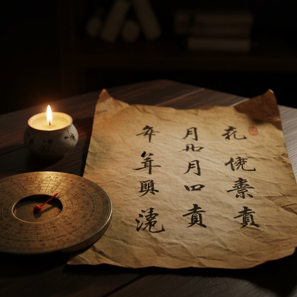 Lá số Tứ Trụ Bát Tự với bốn cột Can Chi trên nền cổ điển