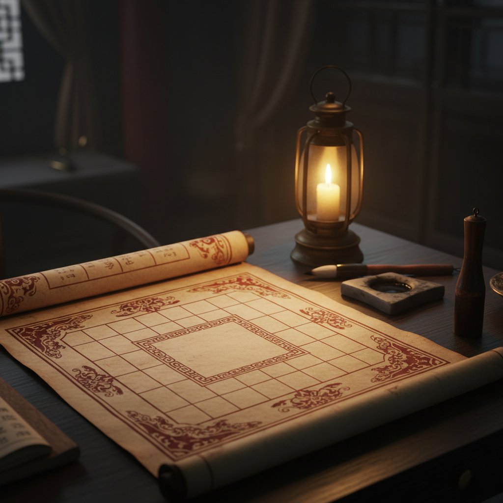 La bàn tử vi và lá số cổ trên bàn gỗ dưới ánh nến vàng
