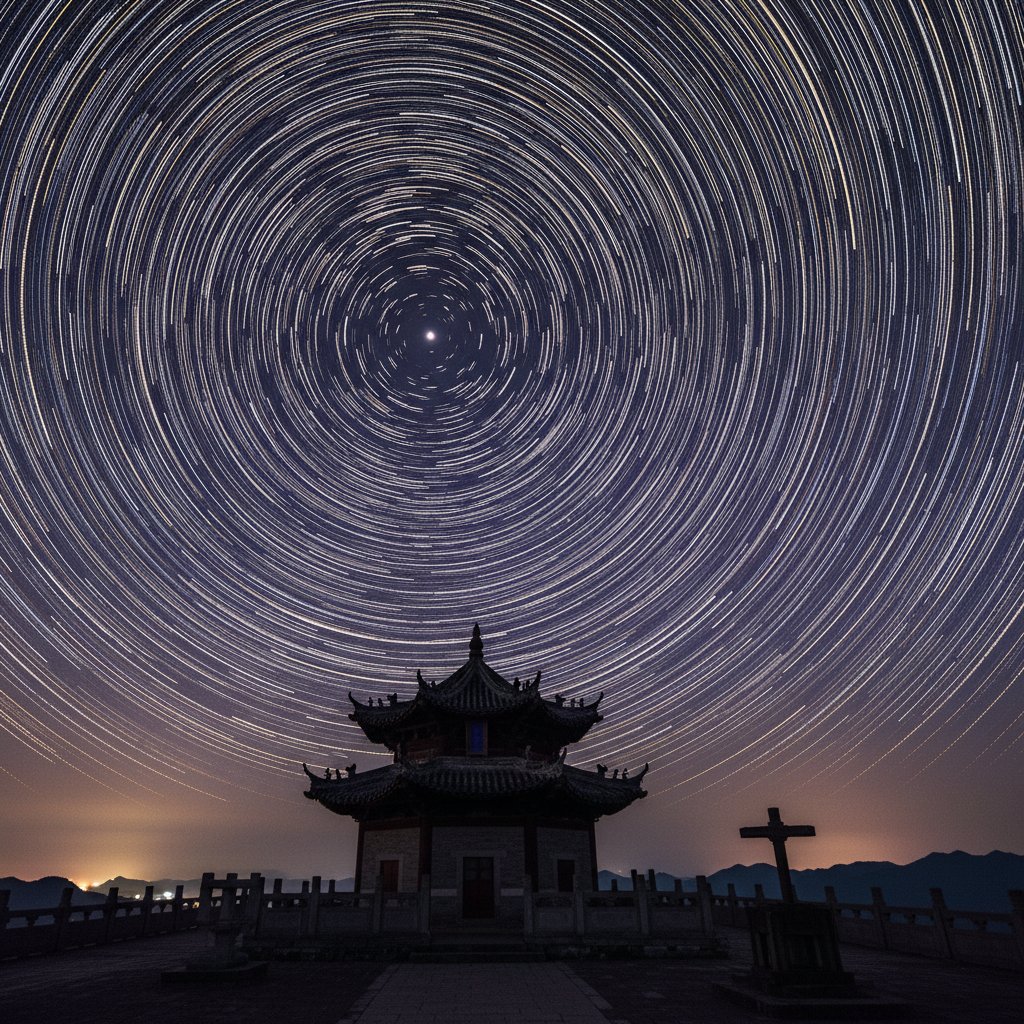 Bầu trời đêm với chòm sao Bắc Đẩu và vùng sao Tử Vi