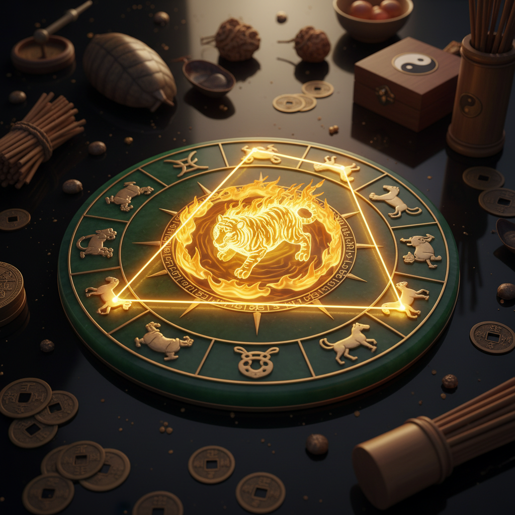 Bàn cờ chiến lược với tượng hổ vàng trung tâm — Tam Hợp Dần Ngọ Tuất