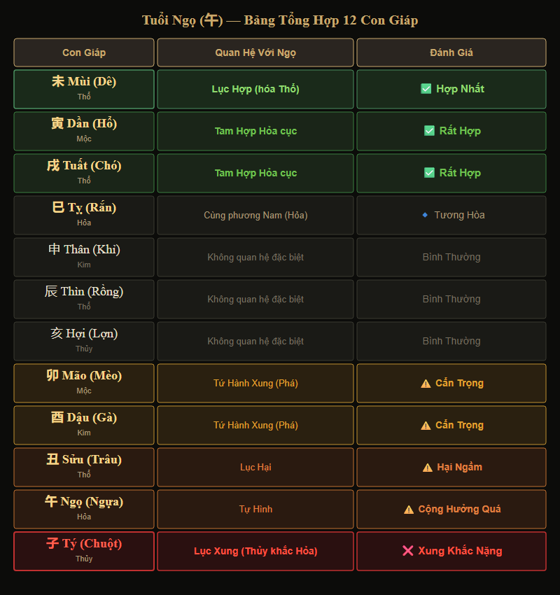 Bảng tổng hợp tuổi Ngọ hợp và xung khắc với 12 con giáp