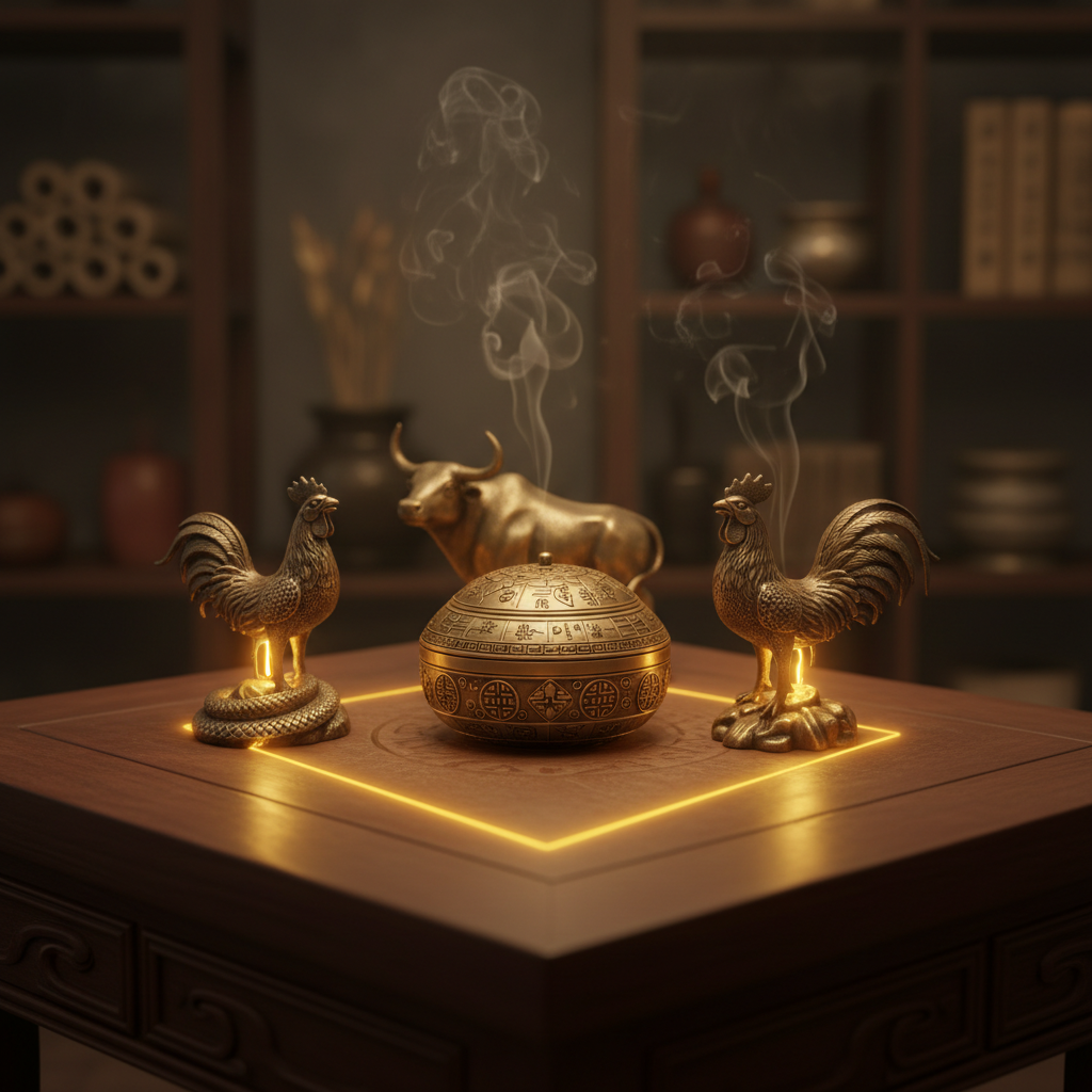 La bàn phong thủy với 12 tượng con giáp — Tam Hợp Tỵ Dậu Sửu phát sáng