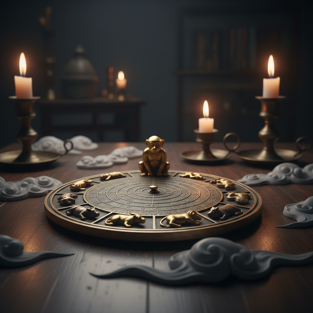 La bàn phong thủy với 12 con giáp — tuổi Thân được tô vàng nổi bật