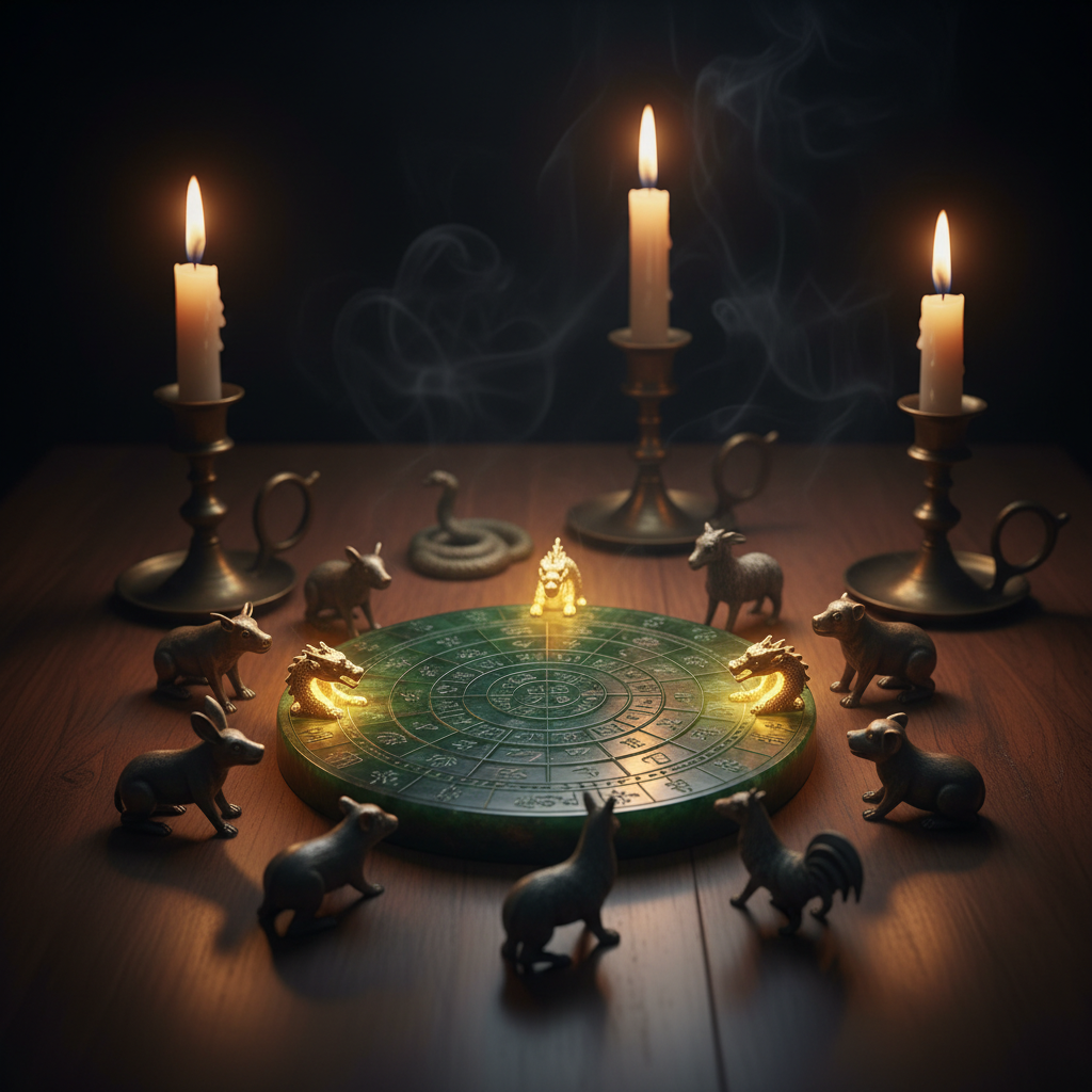 La bàn phong thủy với 12 tượng con giáp — Tam Hợp Thân Tý Thìn phát sáng