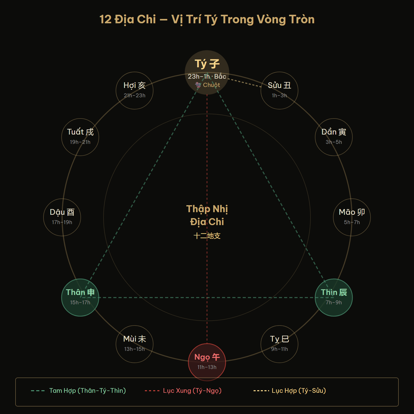 Sơ đồ vị trí Tý trong 12 Địa Chi và giờ Tý