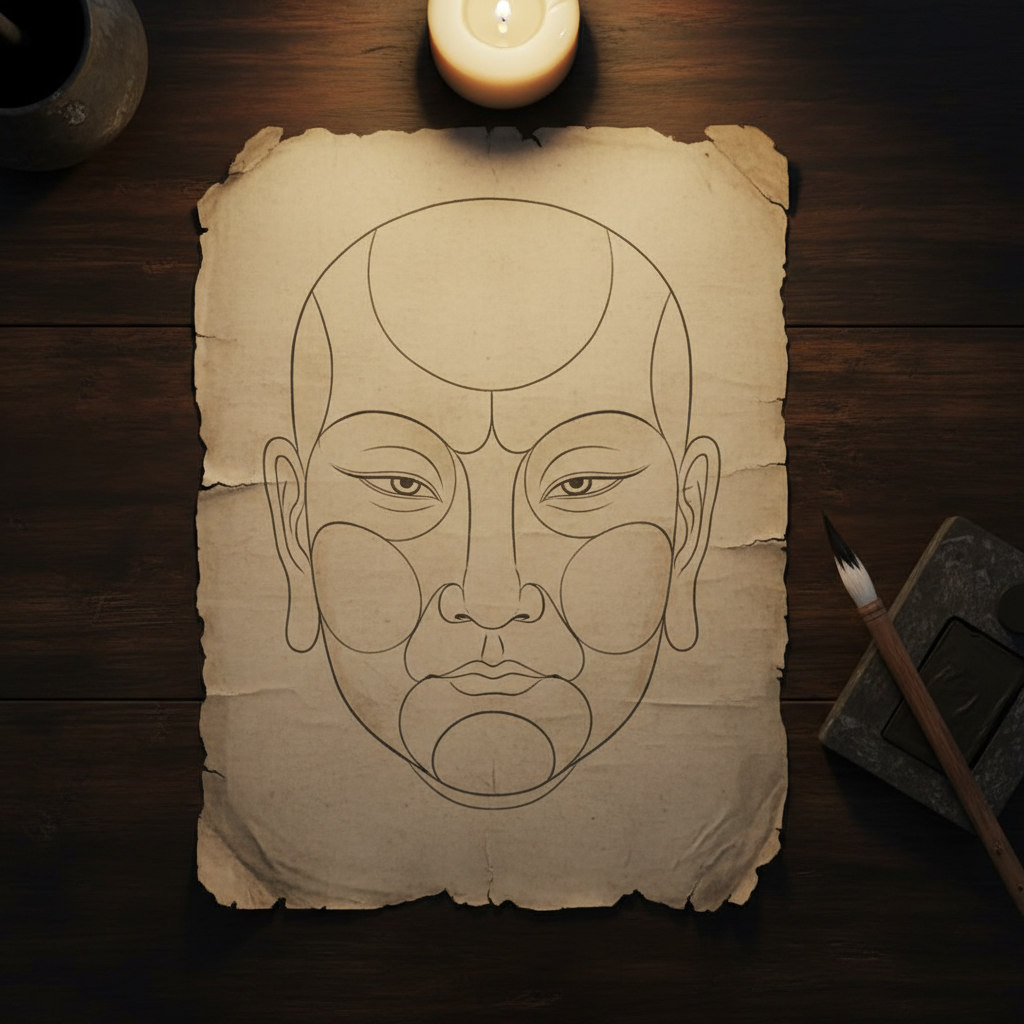 Bản vẽ nhân tướng cổ Trung Hoa với các đường chia vùng khuôn mặt trên giấy cũ