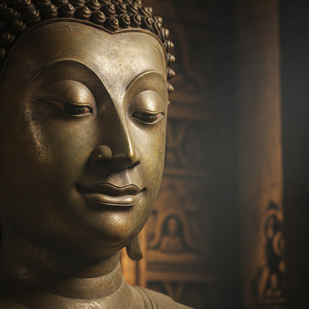 Khuôn mặt tượng Phật đồng cổ close-up thể hiện sự hài hòa tướng mặt