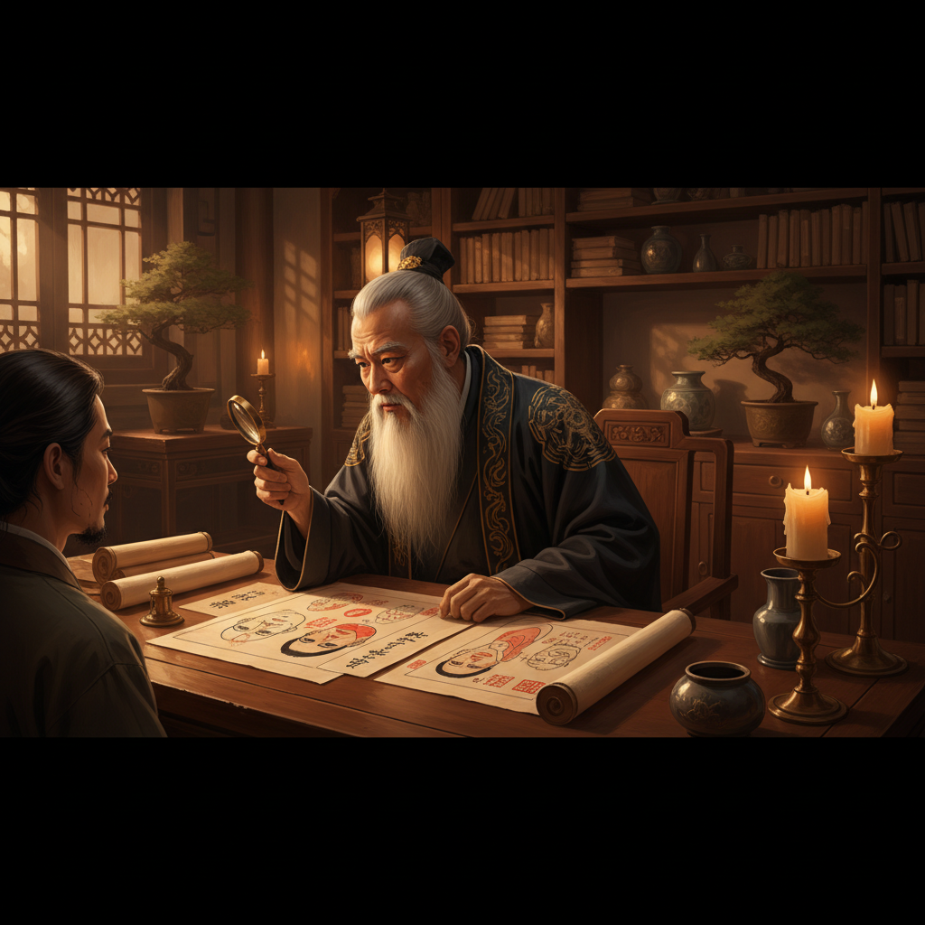 Thầy tướng số Trung Hoa xem tướng mặt trong thư phòng cổ