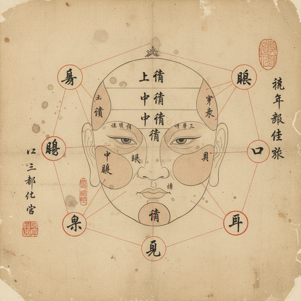 Sơ đồ tướng mặt cổ trên giấy dó với các vùng Tam Đình và Ngũ Quan