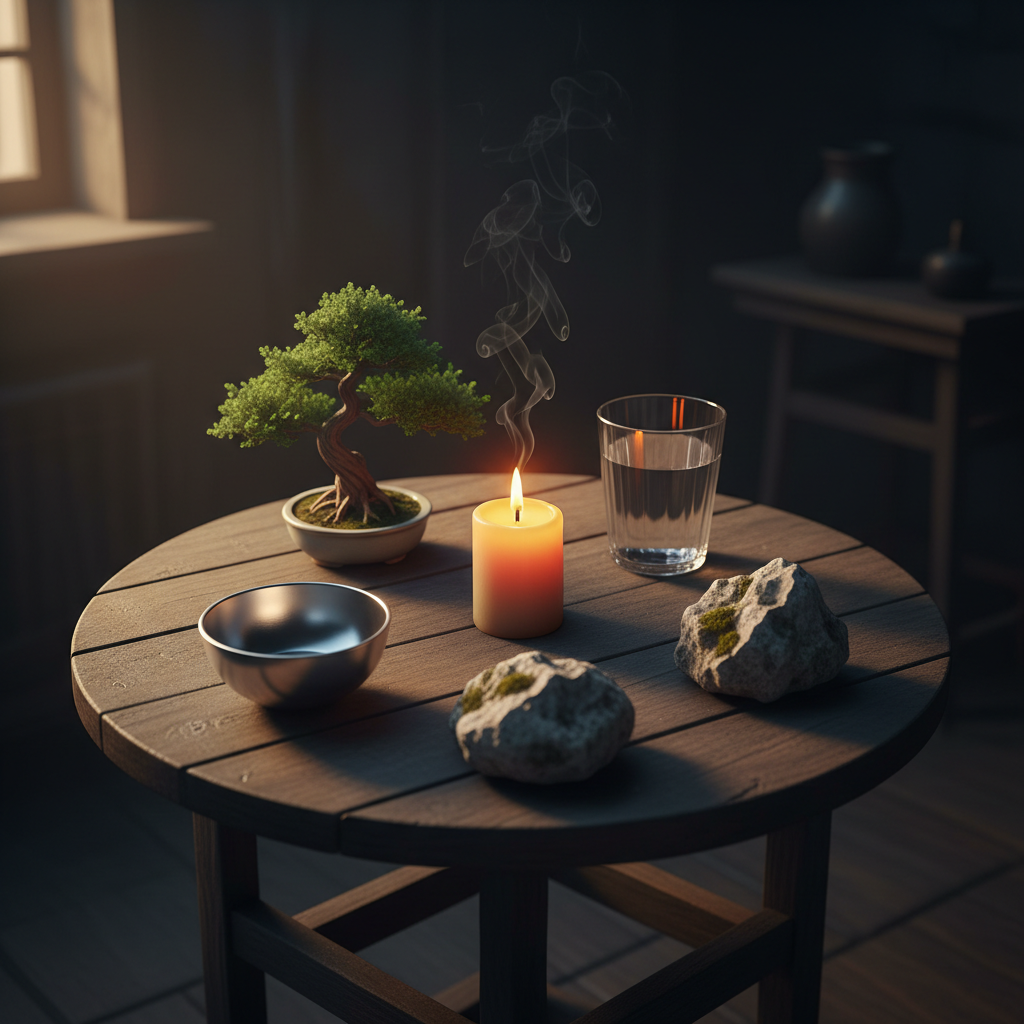 5 nguyên tố Ngũ Hành: ngọn nến lửa, cây xanh, cốc nước, viên đá, thanh kim loại xếp vòng tròn