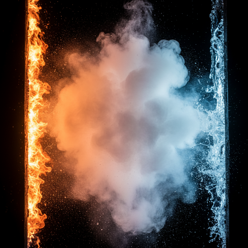 Ngọn lửa và dòng nước đối đầu nhau tượng trưng quy luật tương khắc Ngũ Hành