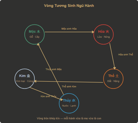 Vòng tương sinh Ngũ Hành: Mộc sinh Hỏa sinh Thổ sinh Kim sinh Thủy sinh Mộc