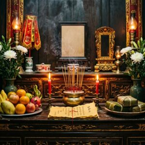 Bàn thờ truyền thống Việt Nam với hương khói