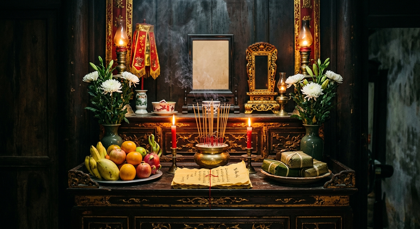 Bàn thờ truyền thống Việt Nam với hương khói và bài văn khấn