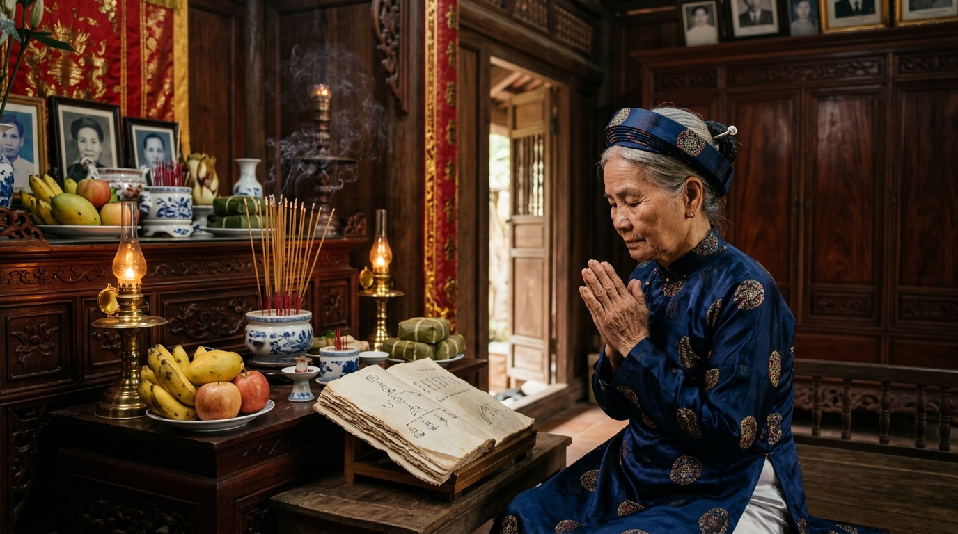 Người phụ nữ Việt Nam đọc văn khấn trước bàn thờ ngày Tết