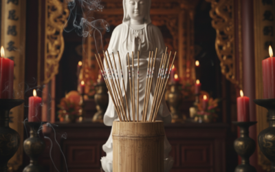 Ống xăm tre 100 quẻ trước tượng Quan Âm Bồ Tát