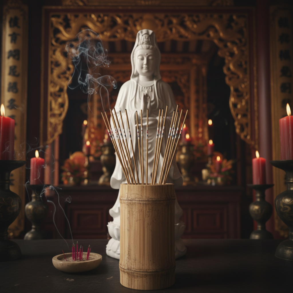 Ống xăm tre chứa 100 thẻ xăm đặt trước tượng Quan Âm Bồ Tát trong không gian chùa truyền thống với khói nhang trầm và đèn dầu
