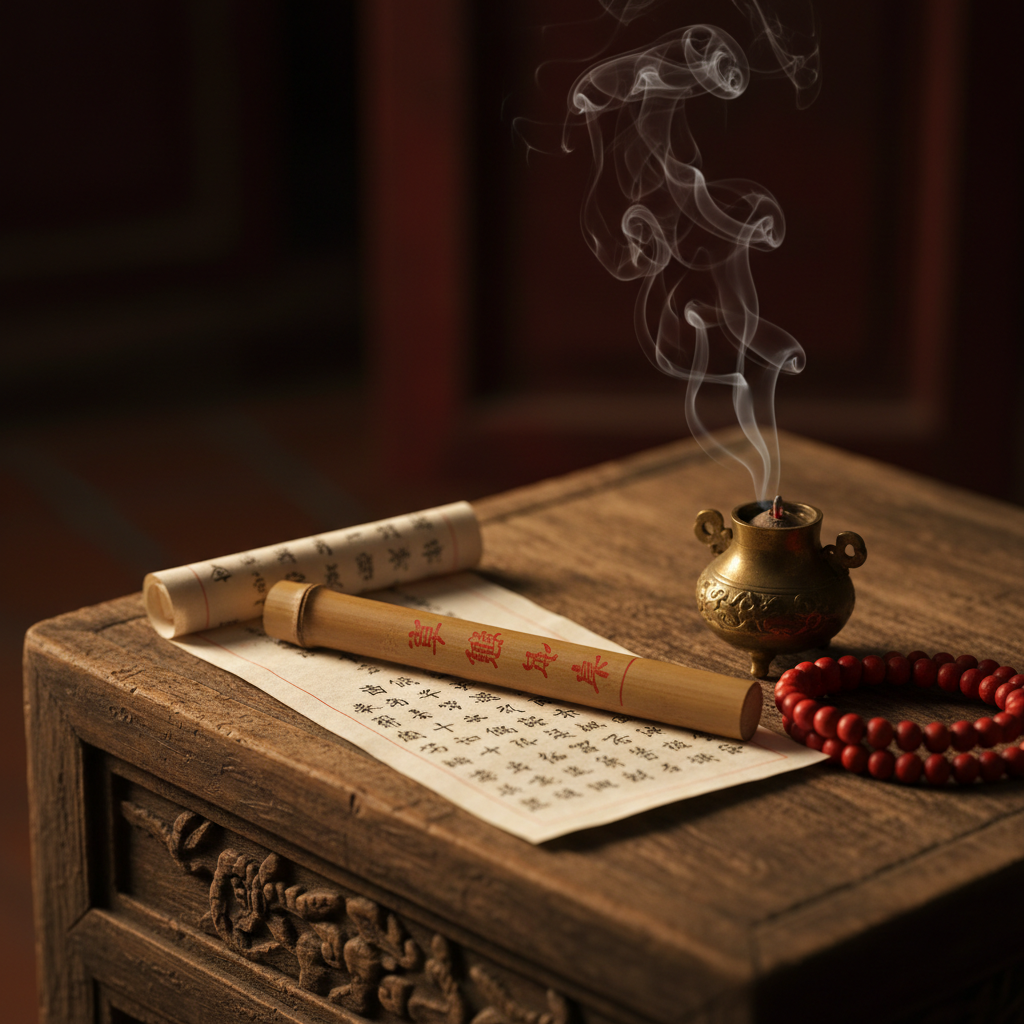 Thẻ xăm tre số 1 nằm trên bàn gỗ cổ cạnh bài thơ Hán tự và đồ thờ truyền thống