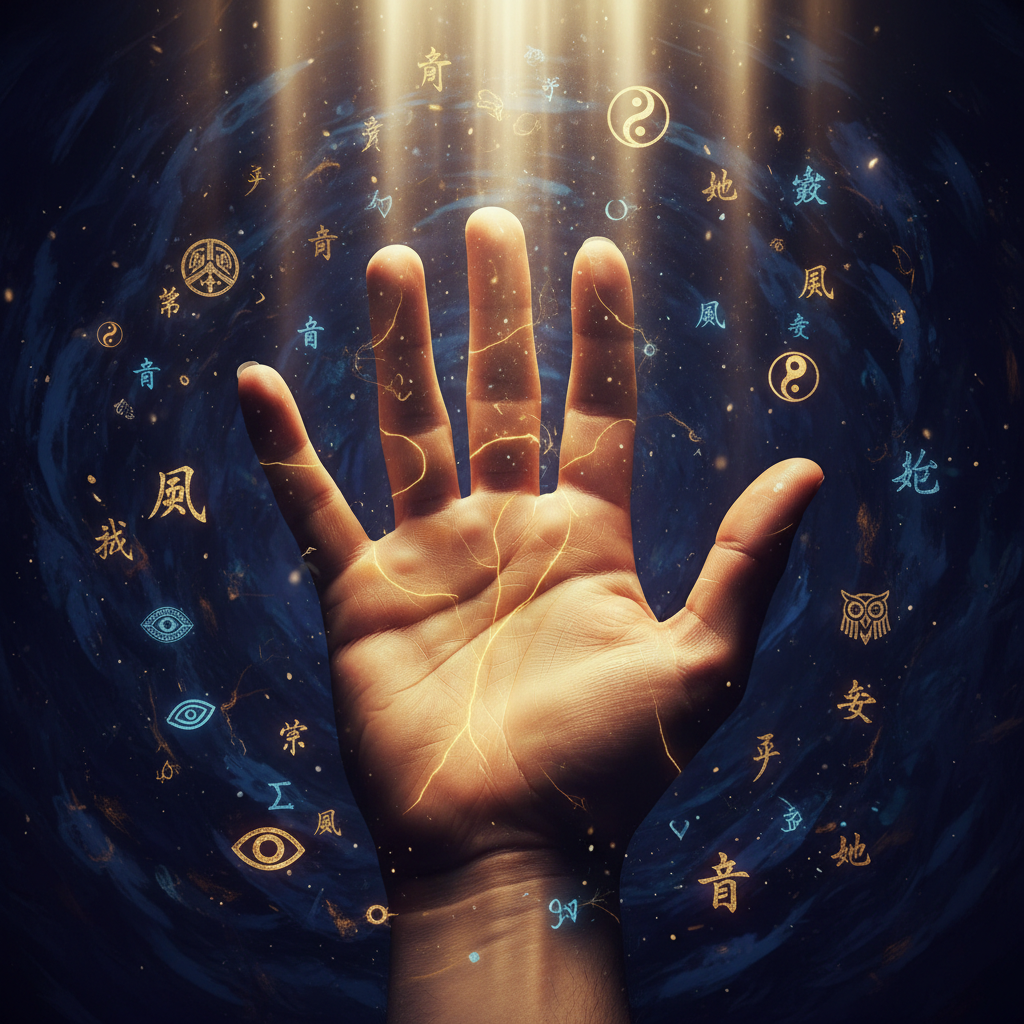 Bàn tay mở với 3 đường chỉ tay chính phát sáng — minh họa nghệ thuật xem chỉ tay Palmistry