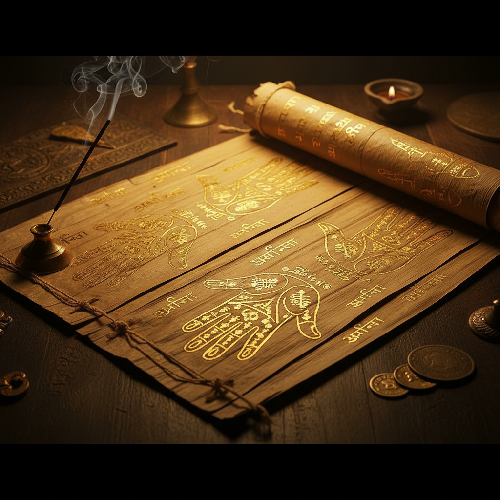 Cuộn giấy cổ Ấn Độ với sơ đồ xem chỉ tay vẽ bằng mực vàng — Hasta Samudrika Shastra