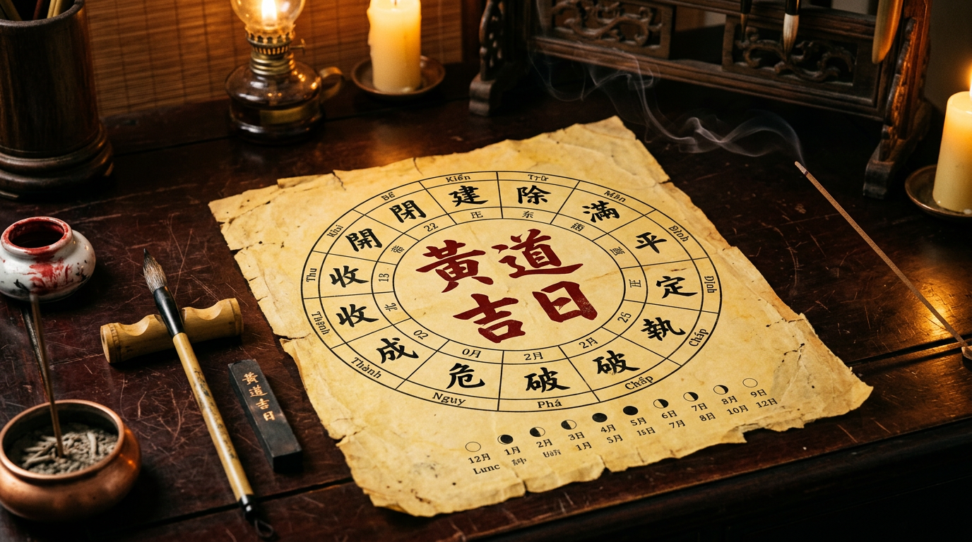 Hoàng lịch cổ và la bàn phong thủy dùng chọn ngày tốt