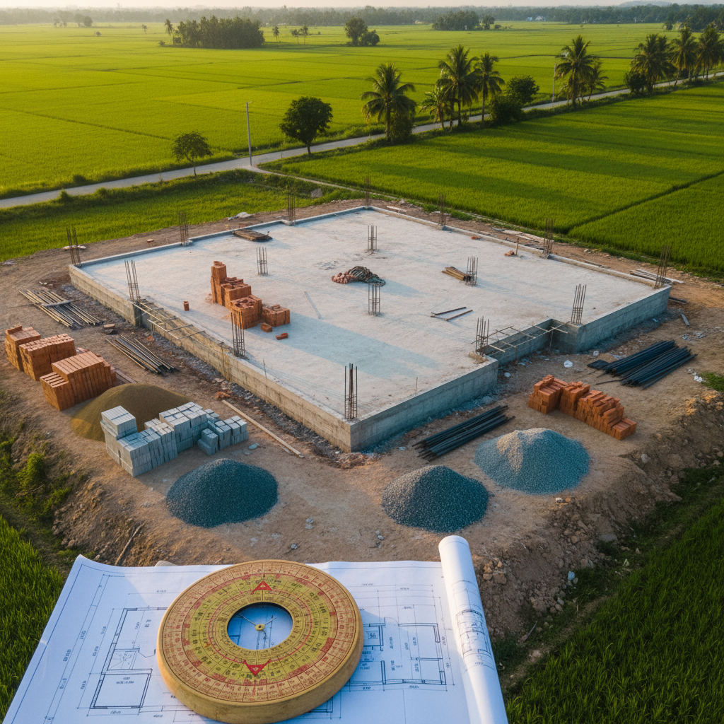 La bàn phong thủy đặt trên bản vẽ xây nhà — chọn hướng và ngày động thổ