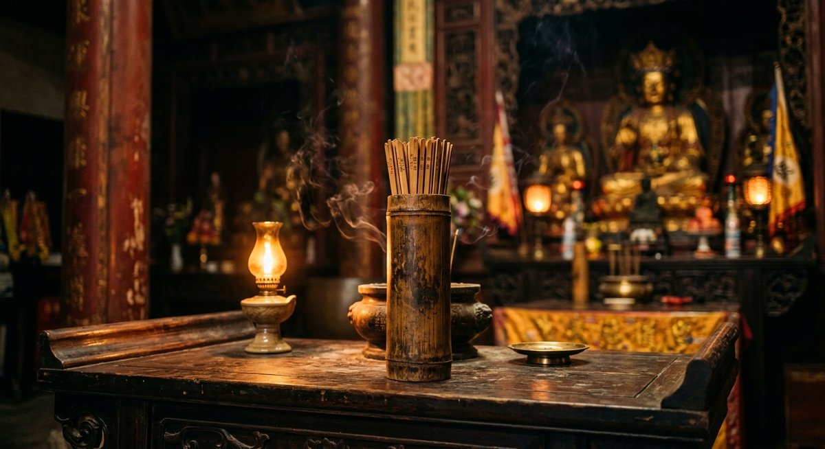 Ống xăm tre trong ngôi chùa cổ với khói hương trầm, ánh nến vàng ấm