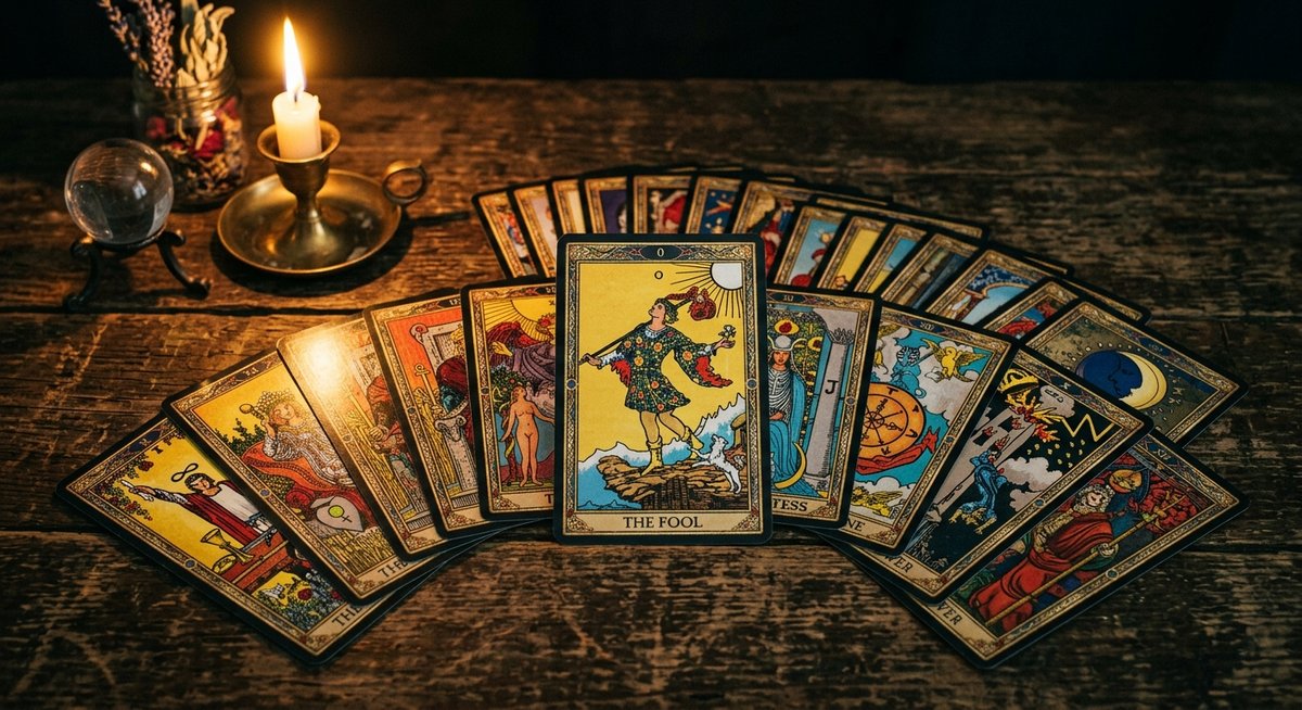 Bộ bài Tarot 78 lá xòe trên bàn gỗ tối, ánh nến chiếu vào lá The Fool