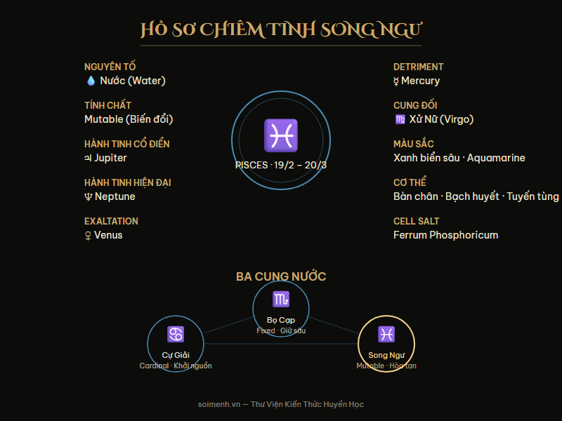 Hồ sơ chiêm tinh cung Song Ngư — nguyên tố, hành tinh, phẩm chất