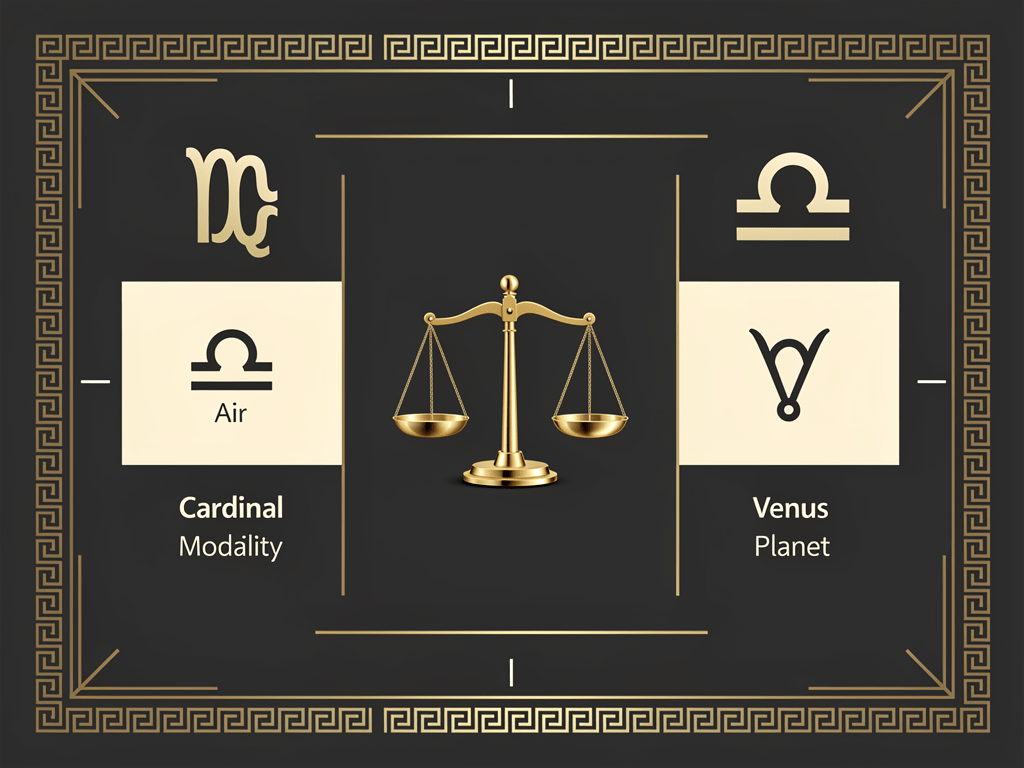 Infographic tổng quan Cung Thiên Bình: nguyên tố Gió, modality Cardinal, ruling planet Venus