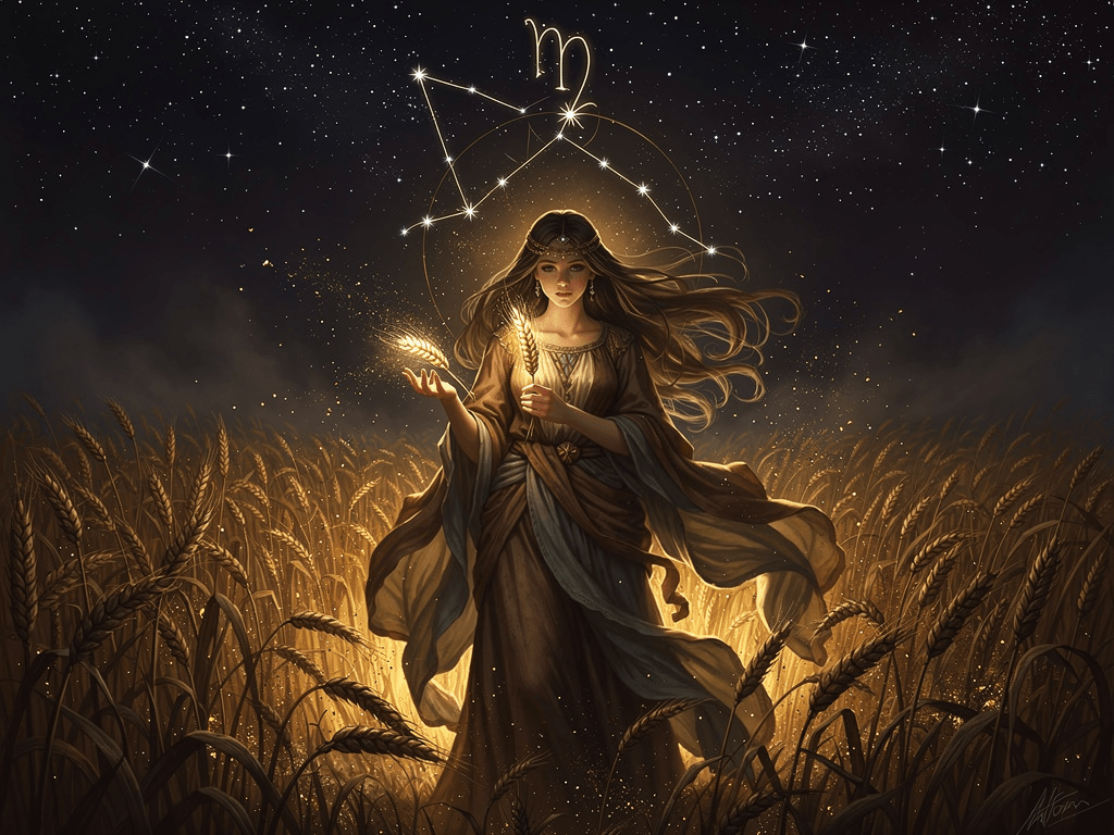 Cung Xử Nữ Virgo — biểu tượng thiếu nữ cầm bông lúa giữa cánh đồng dưới bầu trời đêm đầy sao