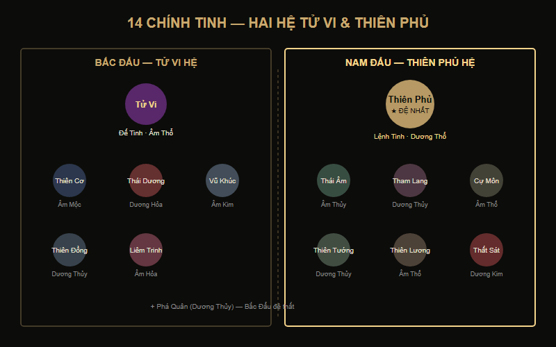 Sơ đồ vị trí Thiên Phủ trong hệ thống 14 chính tinh Tử Vi Đẩu Số