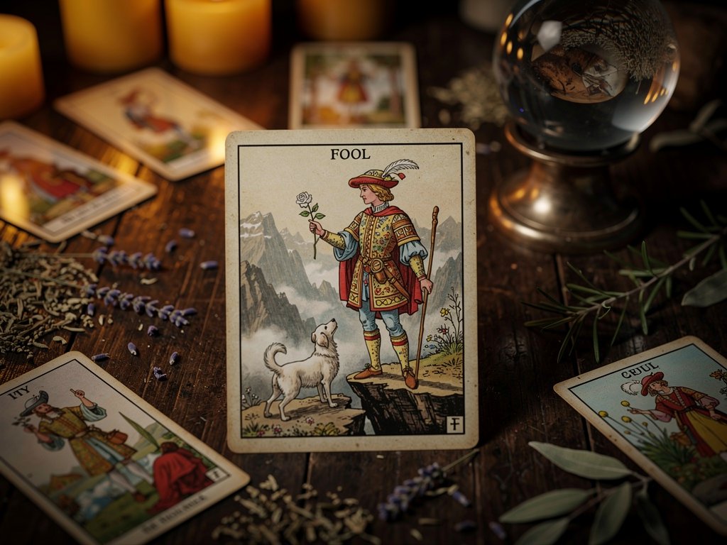 Lá bài Tarot The Fool với hình ảnh chàng trai trẻ bước tới vách đá, chó trắng đồng hành