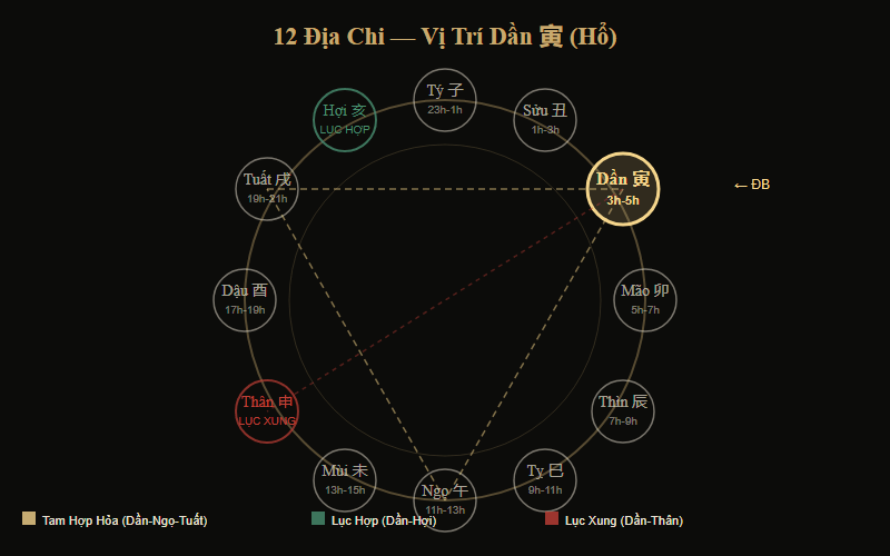 Sơ đồ vị trí Dần trong 12 Địa Chi và giờ Dần