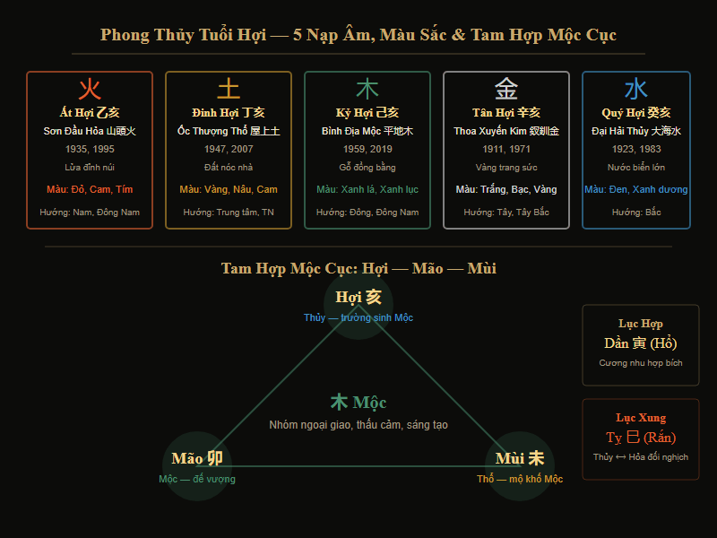 Phong thủy tuổi Hợi — 5 Nạp Âm, màu sắc tương sinh, Tam Hợp Mộc cục