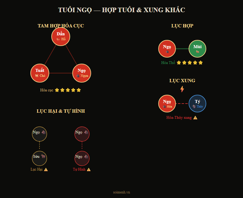 Sơ đồ Tam Hợp, Lục Hợp, Lục Xung của tuổi Ngọ