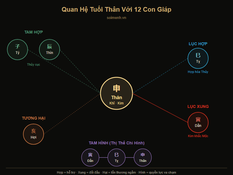 Quan hệ tuổi Thân với 12 con giáp — tam hợp, lục hợp, lục xung