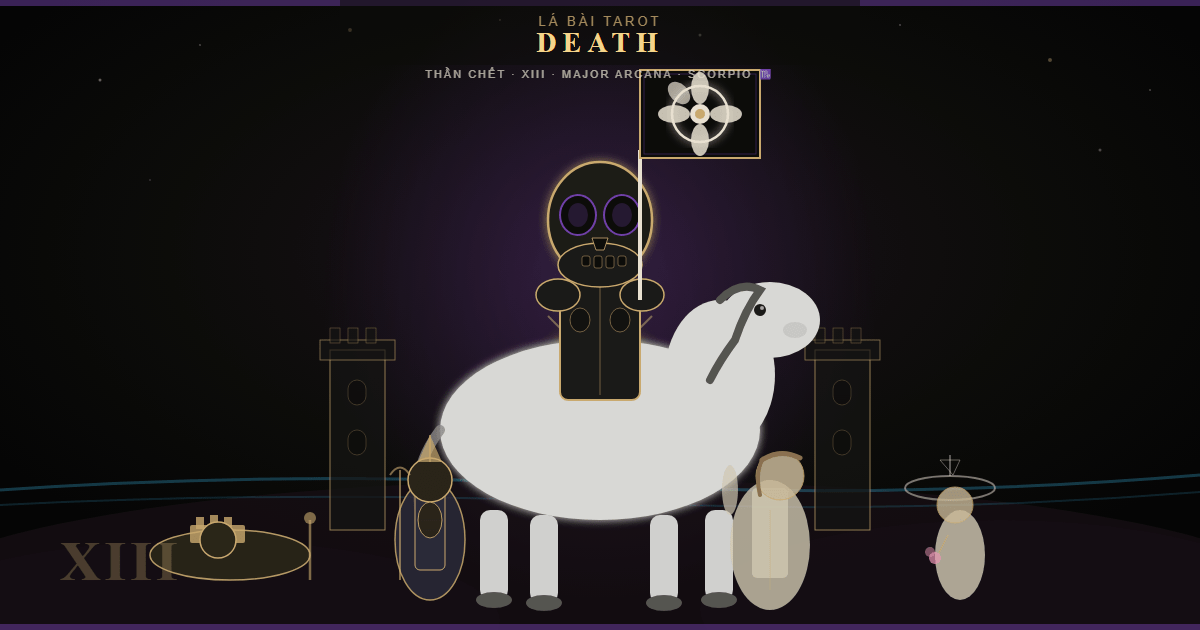 Lá bài Death Tarot XIII — Thần Chết cưỡi ngựa trắng, biểu tượng chuyển hóa và đổi mới