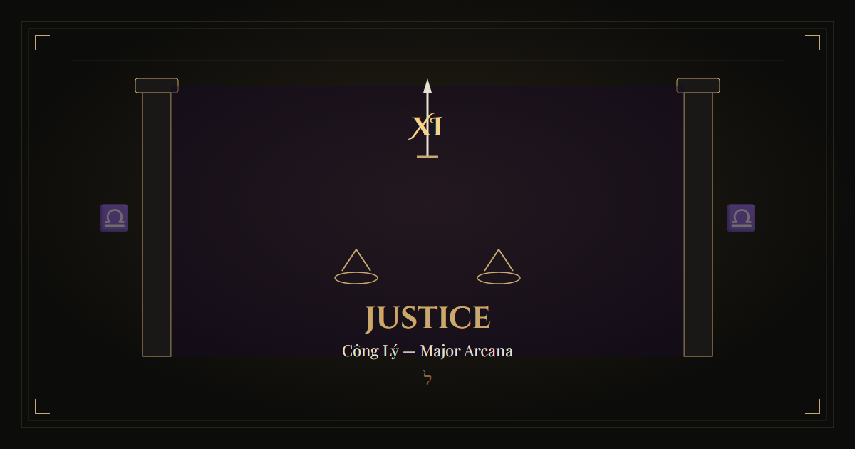 Lá Tarot Justice (Công Lý) — biểu tượng cán cân và thanh kiếm công lý trong Major Arcana